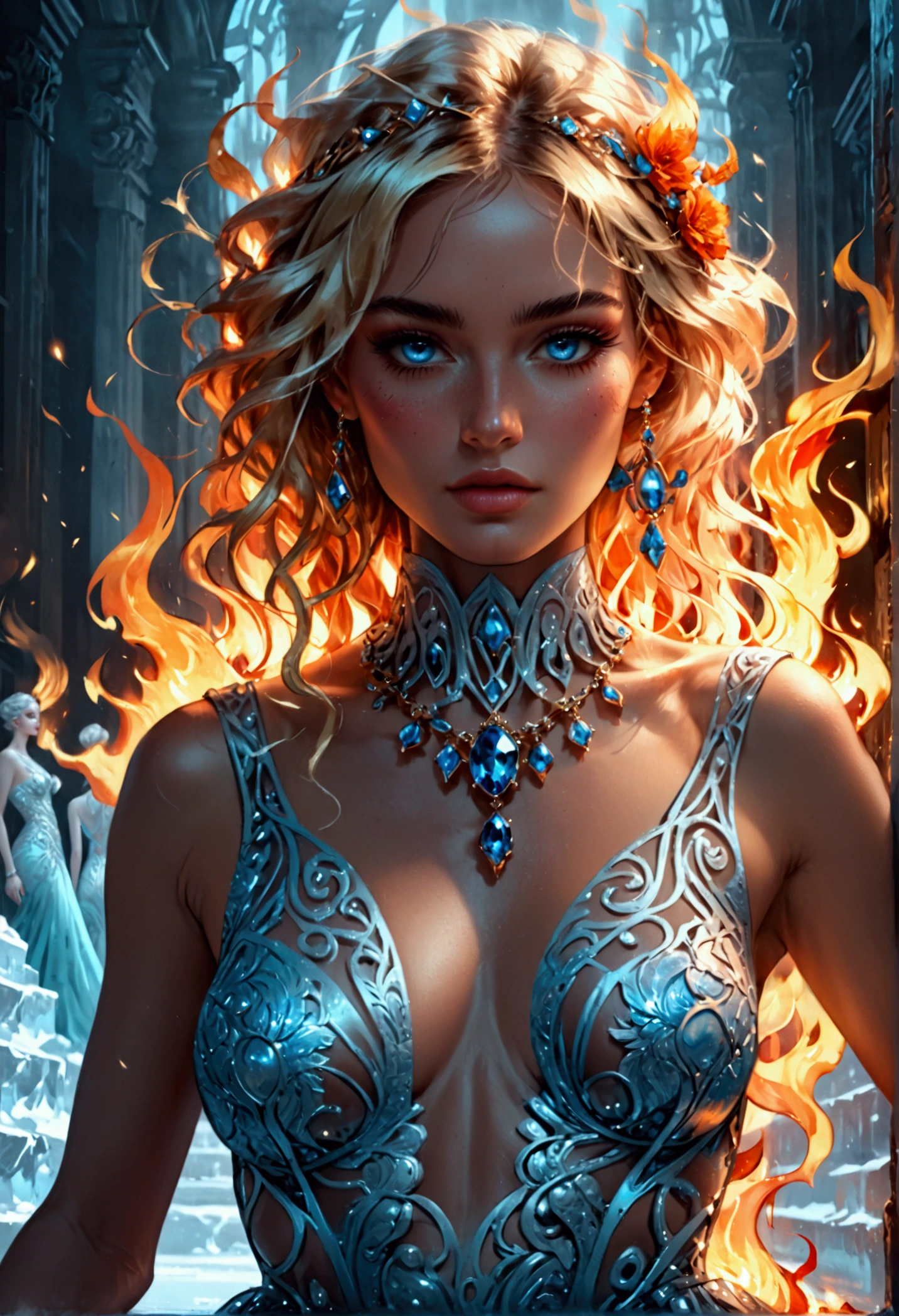 a glamour picture shot, of an elite model covered in fire walking on a icy catwalk, an extraordinary glamourous elite female model, ((full body: 1.5)),  ((anatomically correct: 1.5), (ultra detailed face: 1.2), best detailed face, blond hair, long hair, lush hair, glam hair cut, blue eyes, delicate face, light make up, wearing intricate detailed dress, glamour dress, haute couture dress, elite fashion dress, FireMagicAI,  small cleavage, busty wearing high heels, elegant high heels, she wears diamond necklace, she is covered in fire, she walks on an icy catwalk, image reflecting in the ice IceMagicAI, elite fashion show background, vibrant, Hyperrealism style, vibrant, Ultra-high resolution, High Contrast, (masterpiece:1.5), highest quality, Best aesthetics), best details, best quality, highres, ultra wide angle, 16k, [ultra detailed], masterpiece, best quality, (extremely detailed) RAW, FireMagicAI, IceMagicAI, Dark Art Painting Style