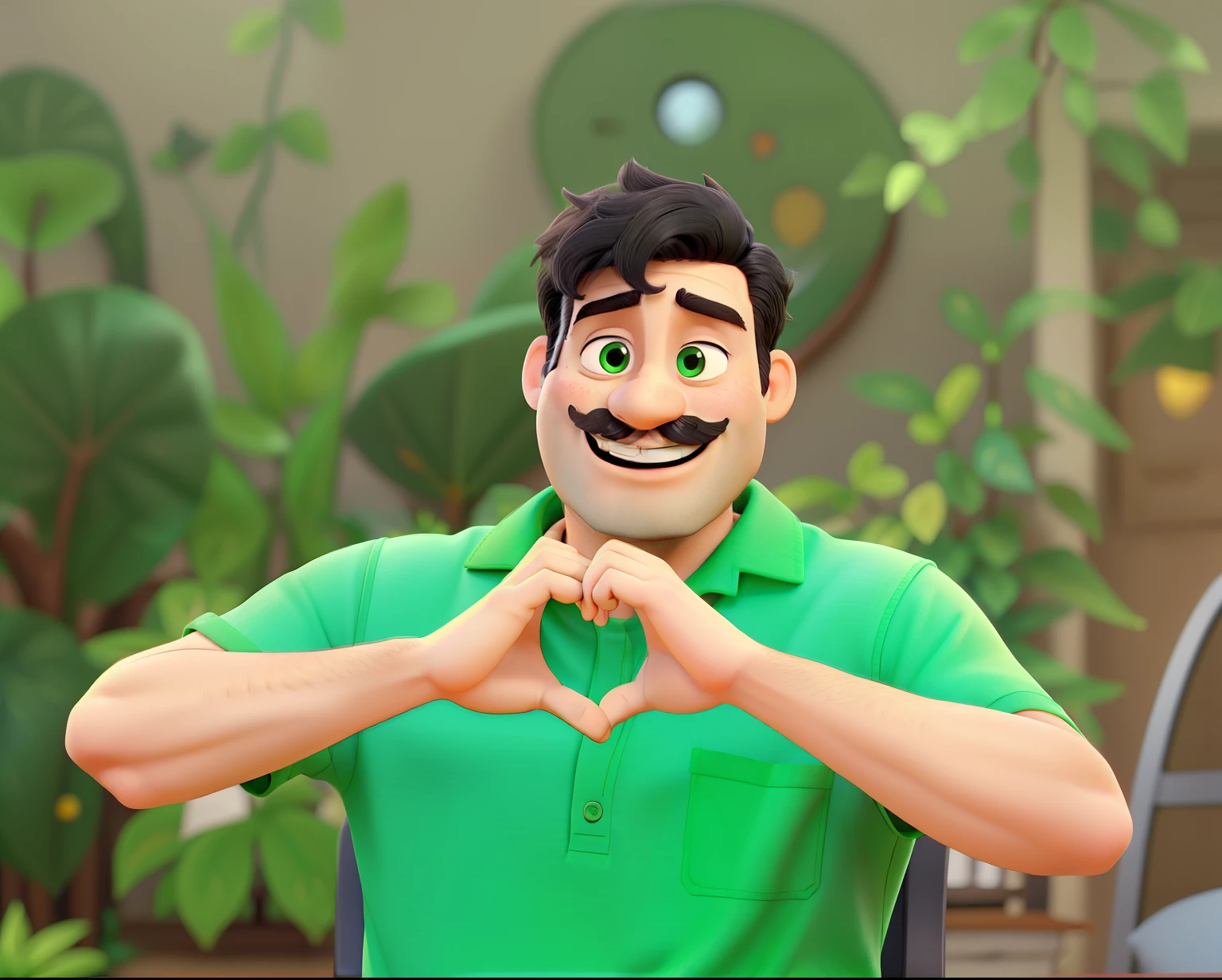 A man with black hair, mustache and green shirt smiling pixar style in high quality