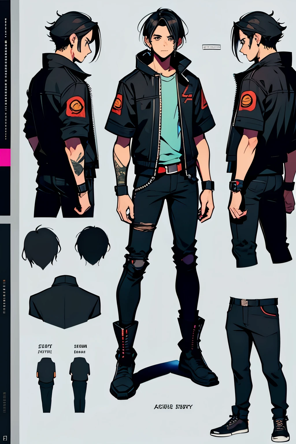 Original adoptable 15 year old boy character reference sheet. black hair clothing cyberpunk apocalyptic  