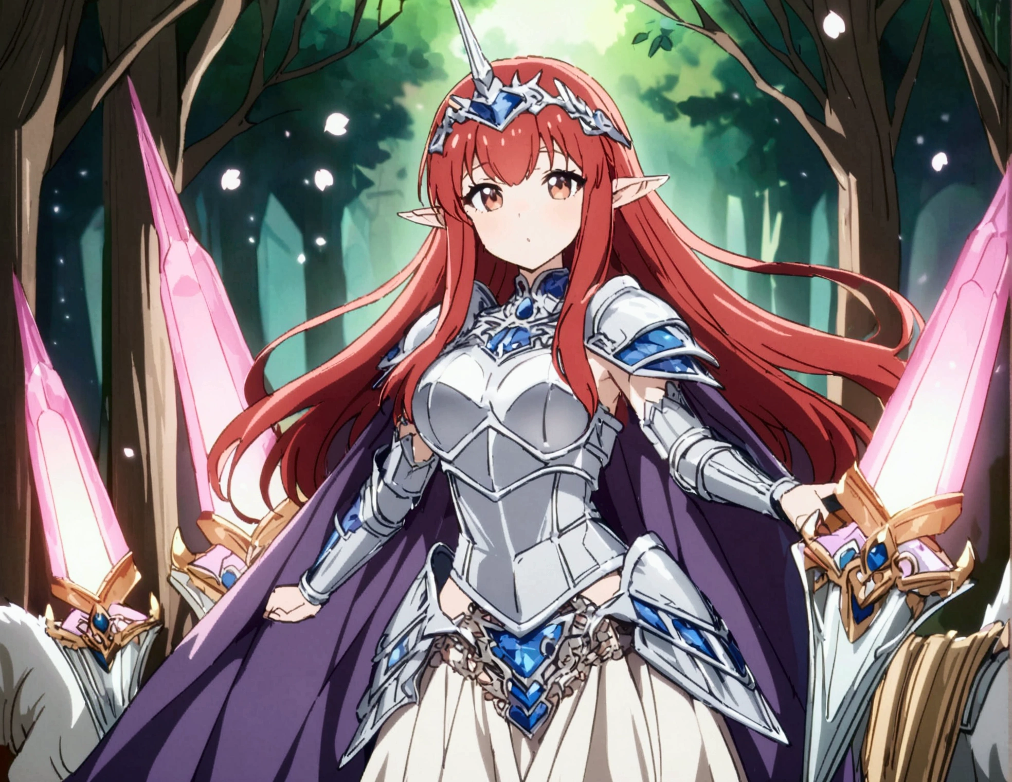 A lovely red headed elf woman (sexy mithril plate armor, ornate cape, enchanted electric lance) riding upon a powerful white steed with unicorn themed mithril barding. enchanted forest