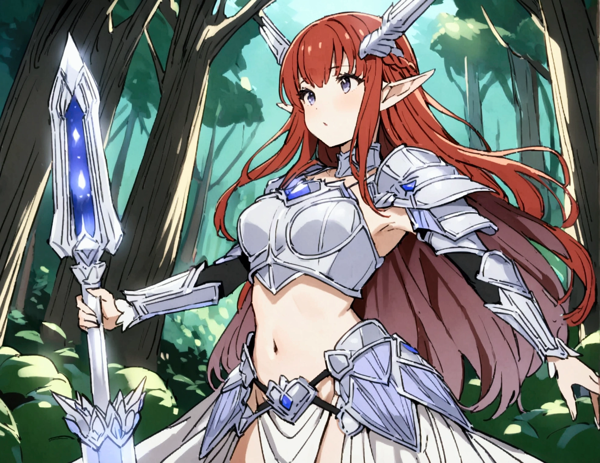 A lovely red headed elf woman (sexy mithril plate armor, ornate cape, enchanted electric lance) riding upon a powerful white steed with unicorn themed mithril barding. enchanted forest