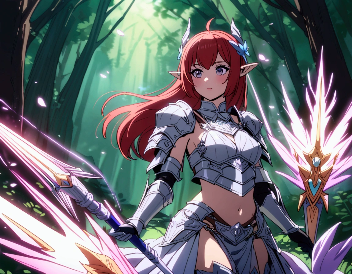A lovely red headed elf woman (sexy mithril plate armor, ornate cape, enchanted electric lance) riding upon a powerful white steed with unicorn themed mithril barding. enchanted forest