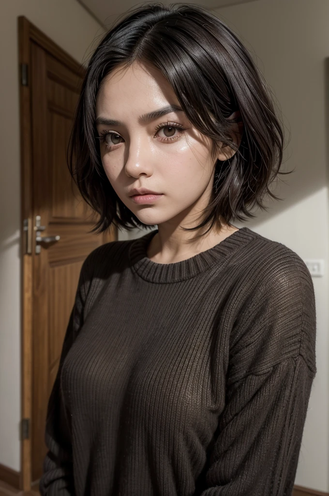 simple woman, mexican, 29 years old, short black hair, brunette, brown eyes, serious face, taking a selfie, background of a room