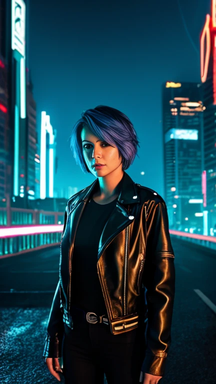 Upper-body shot, young woman in cyberpunk attire, neon lights reflecting off her leather jacket, (futuristic city background:1.3), short blue hair, confident expression, (high resolution:1.3), vibrant neon colors, HDR, (photorealistic:1.2), (by Beeple:0.9), (style of Syd Mead), dynamic lighting, (sharp focus), depth of field, backlighting, rain, (trending on ArtStation), award winning digital art