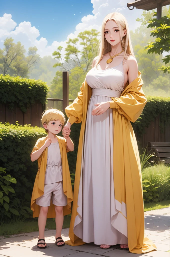 An extremely beautiful stunning mother with a perfect busty body, gold blonde long silky hair, big blue-green hazel eyes, extremely super bright snow white fair stunning flawless glowing lush shiny white skin, a perfect tight hourglass figure, and a skinny waist, extremely cute smile on the face, bright pink blushes on cheeks, wearing a long cute white floral dress, and a yellow-tan cardigan, white flip-flop sandals, gold necklace on the neck, gold anklets on feet, standing straight, holding her little son's hand, garden in the background, show full body from head to feet
