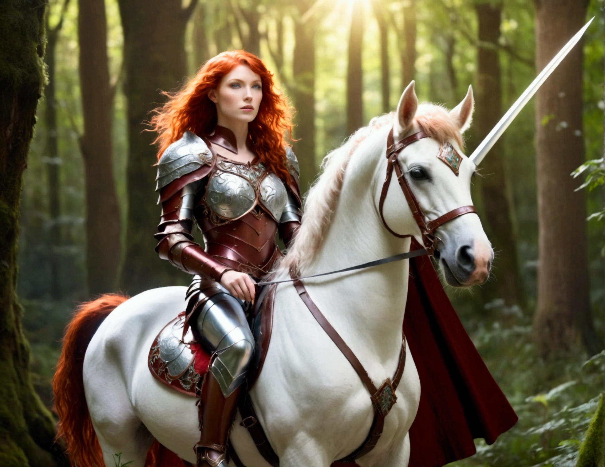 A lovely red headed elf woman (sexy mithril plate armor, ornate cape, enchanted electric lance) riding upon a powerful white steed with unicorn themed mithril barding. enchanted forest