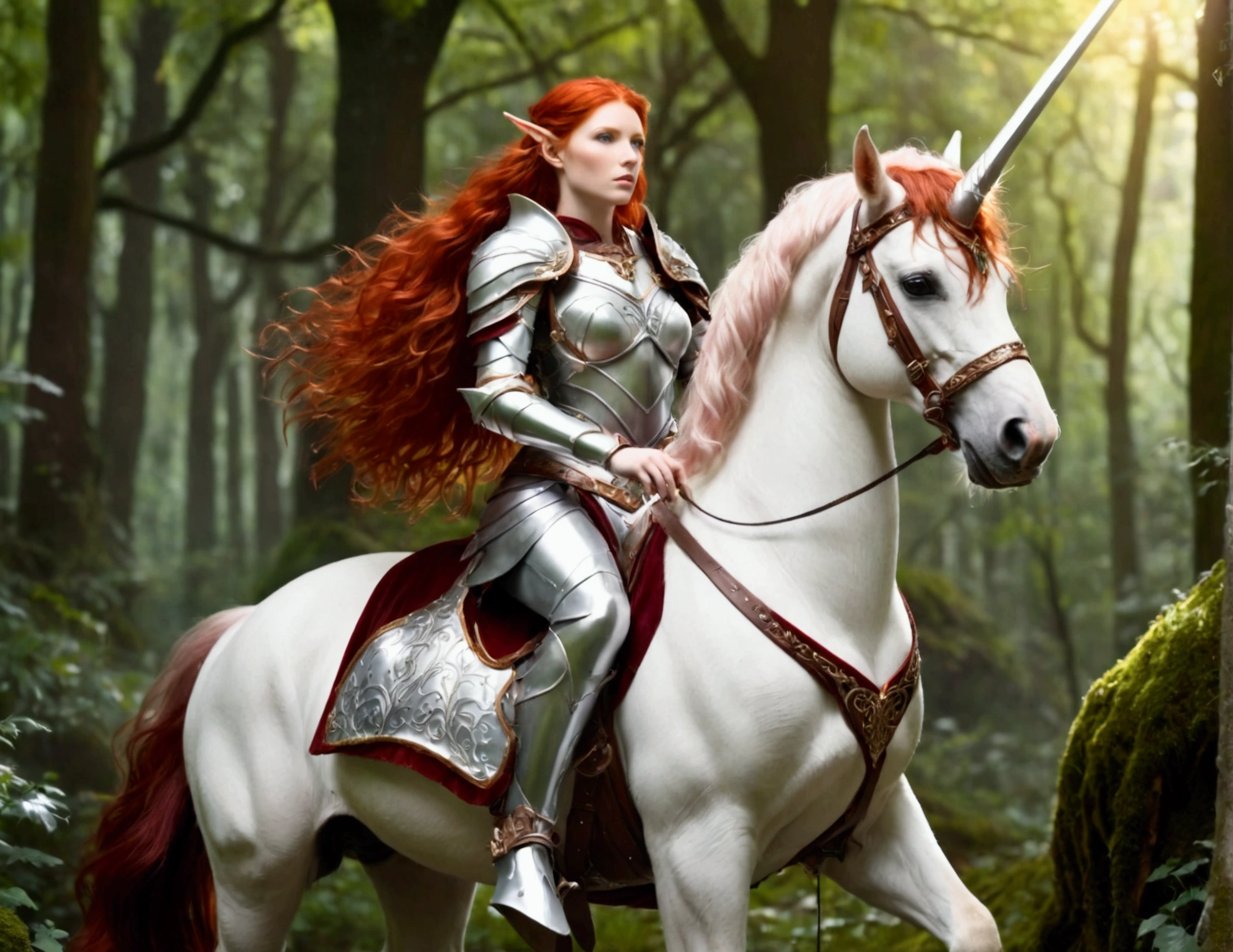 A lovely red headed elf woman (sexy mithril plate armor, ornate cape, enchanted electric lance) riding upon a powerful white steed with unicorn themed mithril barding. enchanted forest