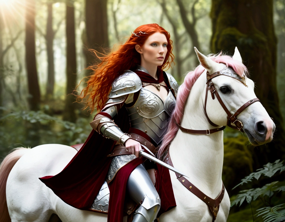 A lovely red headed elf woman (sexy mithril plate armor, ornate cape, enchanted electric lance) riding upon a powerful white steed with unicorn themed mithril barding. enchanted forest