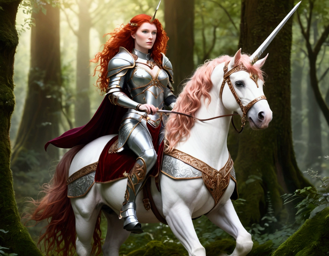 A lovely red headed elf woman (sexy mithril plate armor, ornate cape, enchanted electric lance) riding upon a powerful white steed with unicorn themed mithril barding. enchanted forest