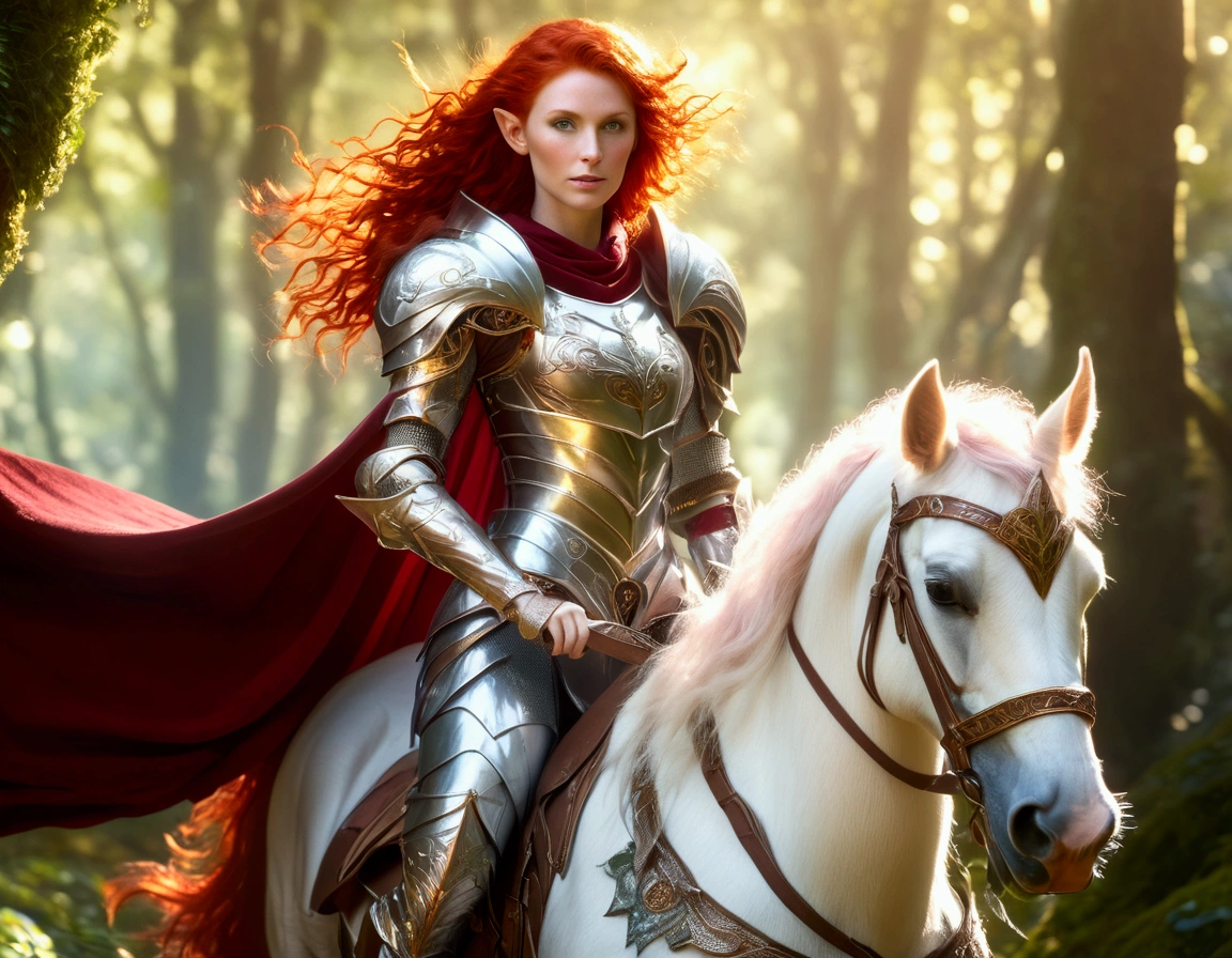A lovely red headed elf woman (sexy mithril plate armor, ornate cape, enchanted electric lance) riding upon a powerful white steed with unicorn themed mithril barding. enchanted forest