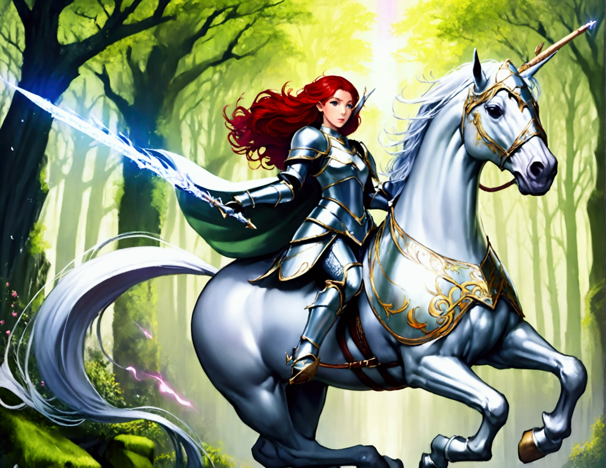 A lovely red headed elf woman (sexy mithril plate armor, ornate cape, enchanted electric lance) riding upon a powerful white steed with unicorn themed mithril barding. enchanted forest