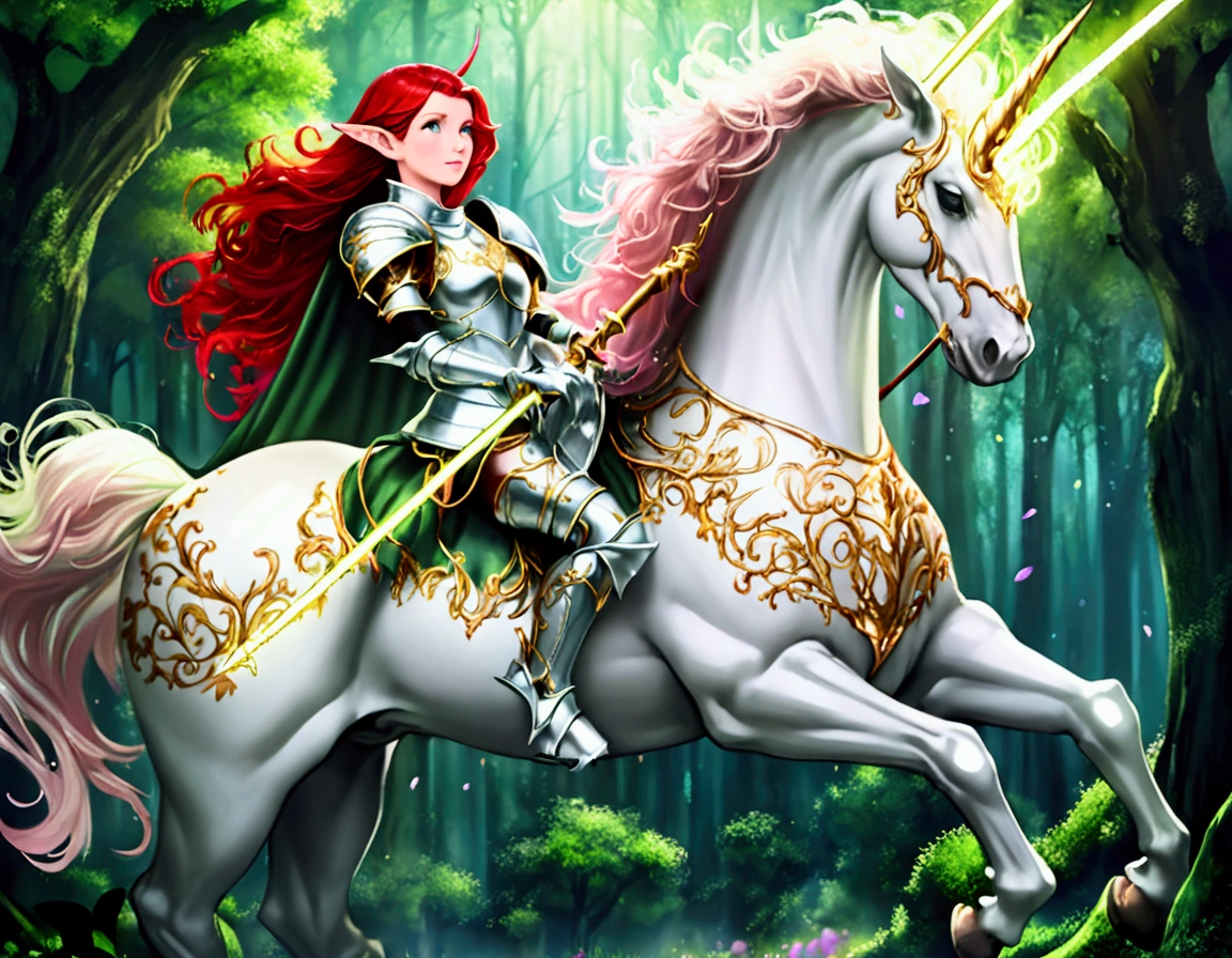 A lovely red headed elf woman (sexy mithril plate armor, ornate cape, enchanted electric lance) riding upon a powerful white steed with unicorn themed mithril barding. enchanted forest