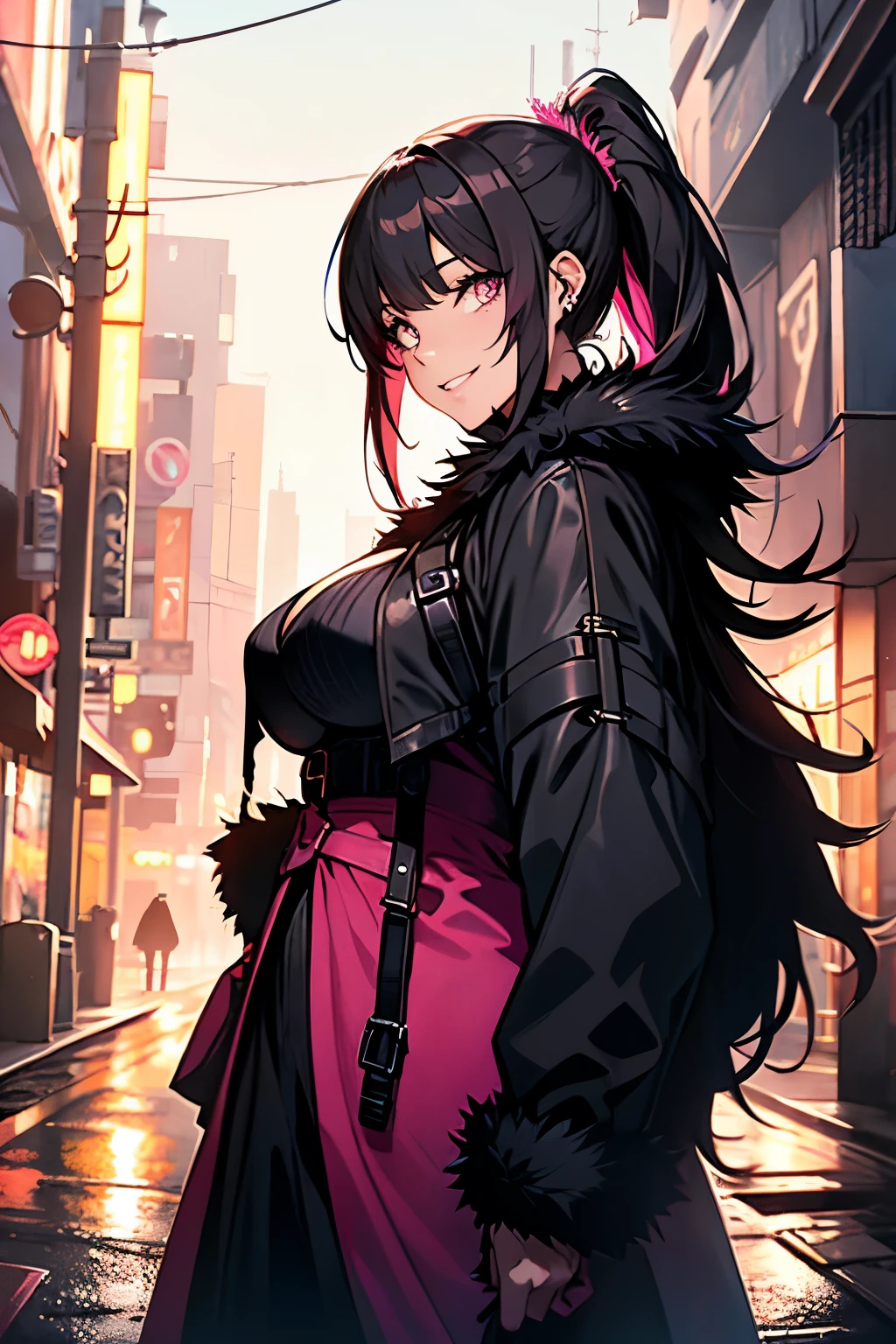 a beautiful gothic woman(plus size) with long black hair (haircut with bangs and ponytail), Latin eyes, smiling sweetly, wearing a stylish cyberpunk neon pink dress and a long fur jacket, Empty background of candlelit medieval street