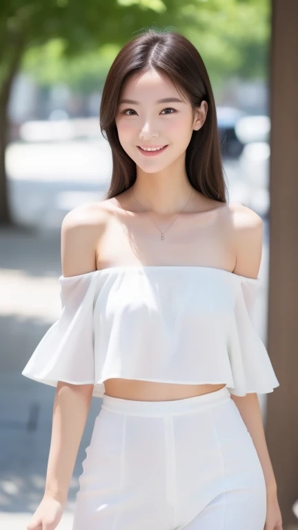 Female model, body not facing camera, only eyes looking at camera, relaxed confident smile, elegant posture, white off-shoulder or low neckline summer outfit, natural hand position