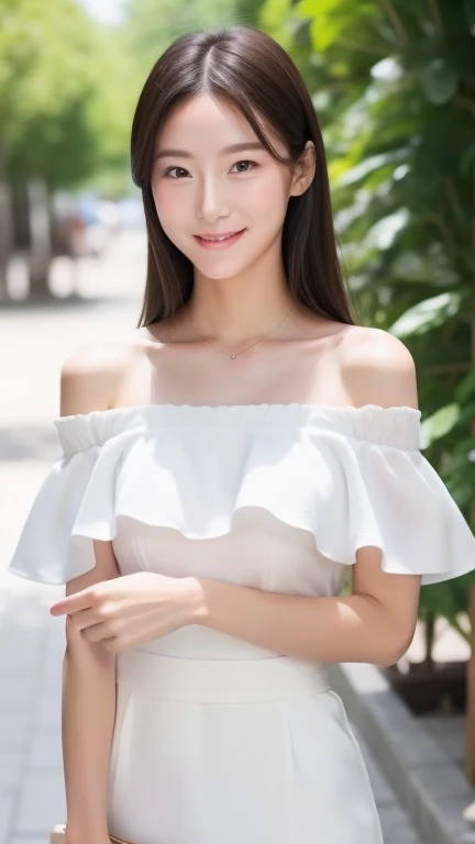 Female model, body not facing camera, only eyes looking at camera, relaxed confident smile, elegant posture, white off-shoulder or low neckline summer outfit, natural hand position