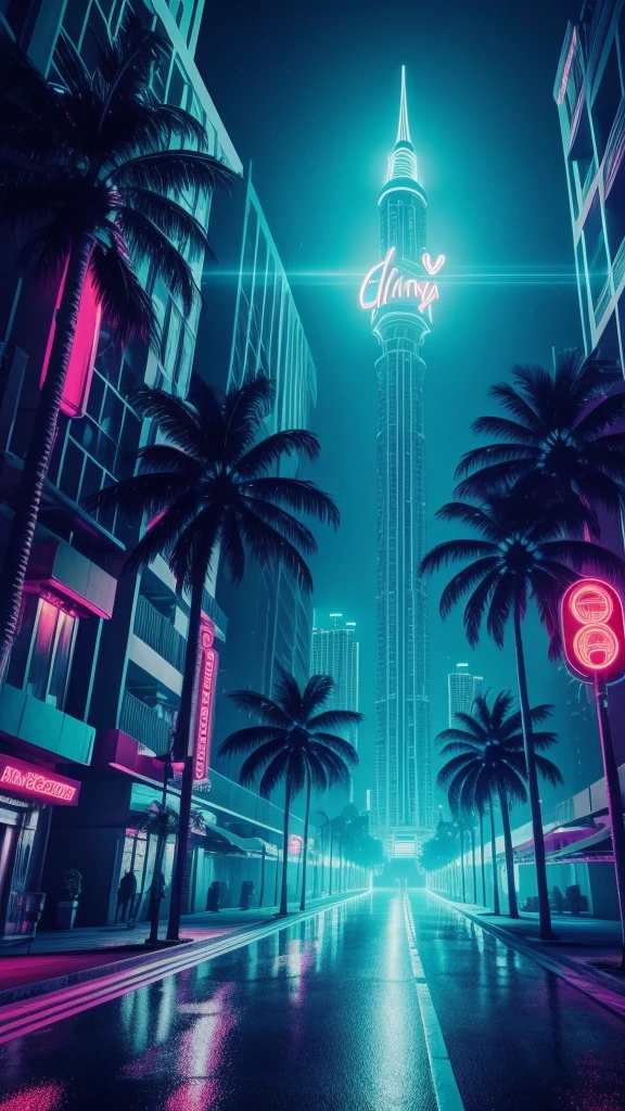 Highly detailed CG Unity 8k wallpaper, masterpiece, Palm tree, Miami, Highest quality, Long Shot, cyber punk, ghostly setting, haze,Sea of night, Volumetric Light, Neon Light, animatronic figures,grunge textures