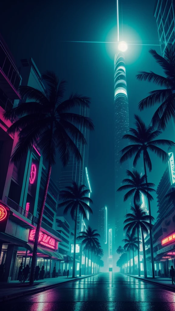 Highly detailed CG Unity 8k wallpaper, masterpiece, Palm tree, Miami, Highest quality, Long Shot, cyber punk, ghostly setting, haze,Sea of night, Volumetric Light, Neon Light, animatronic figures,grunge textures