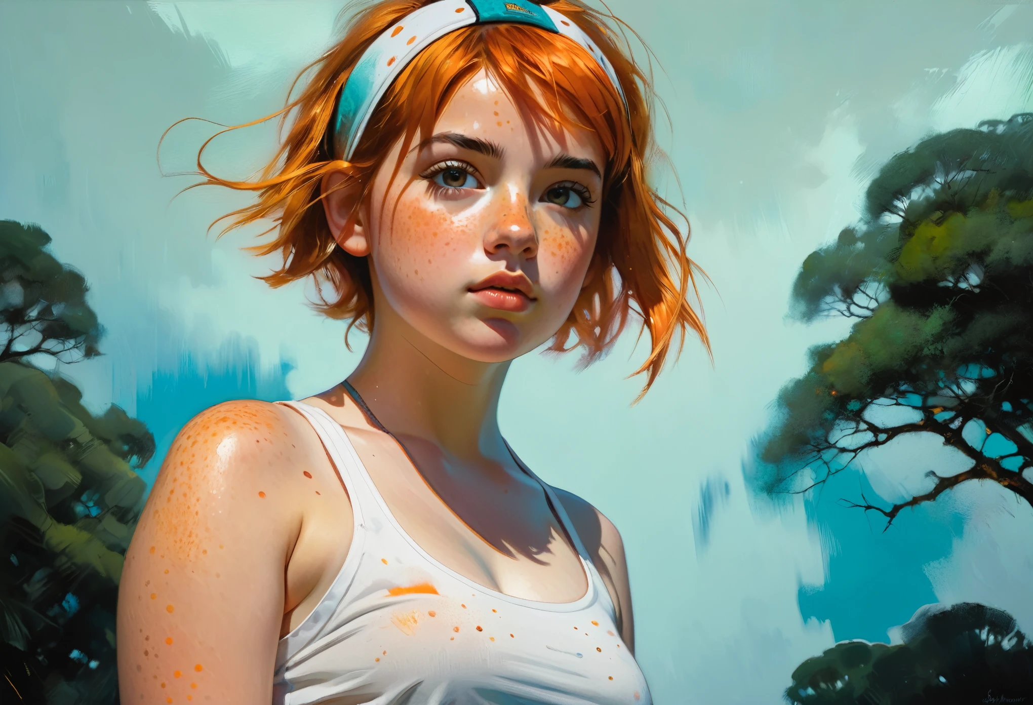 (Low angle shot)young girl Isabelmoner-smf Dora), (((Low angle shot))) (a glance at the low camera). (Hyperrealistic), Very short orange hair, Freckles, Cute white Tank top, Mini Shorts, Sports, Sweaty, Medium Breasts, Aesthetics, ((oil painting)), (headband:0.75),(turquoise:0.2),(orange:0.2), (Jeremy Mann:0.5), (John Constable:0.1),(El Greco:0.5),(rough strokes of acrylic paint:0.75), 8K