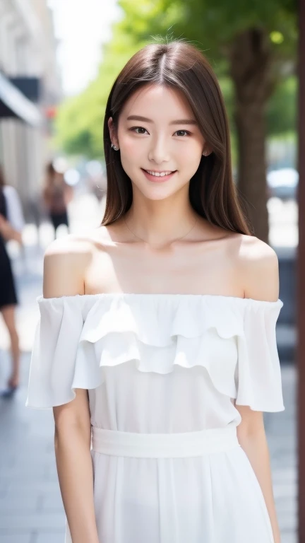 Female model, body not facing camera, only eyes looking at camera, relaxed confident smile, elegant posture, white off-shoulder or low neckline summer outfit, natural hand position