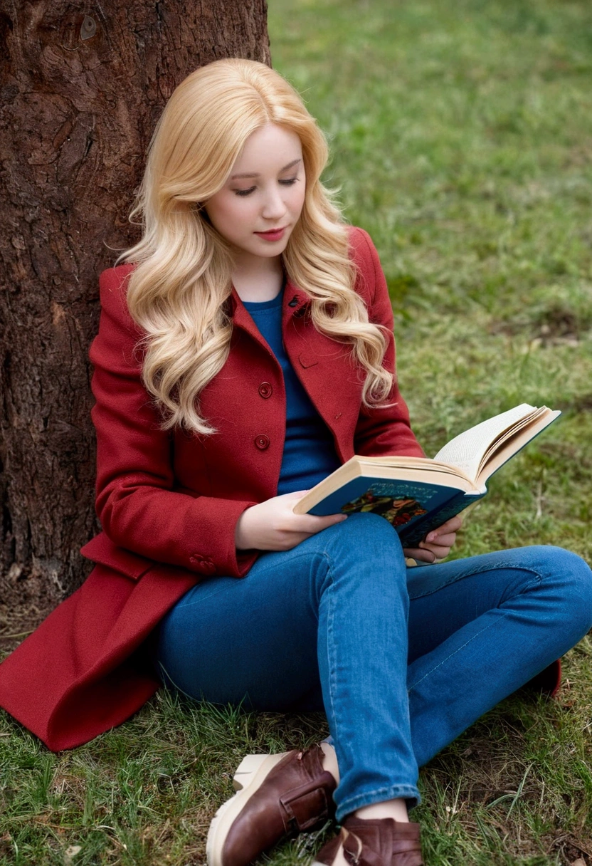 A girl with blonde hair and white skin with red chicks wearing a brown coat and a blue jean pants reading a book while laying down on her stomache