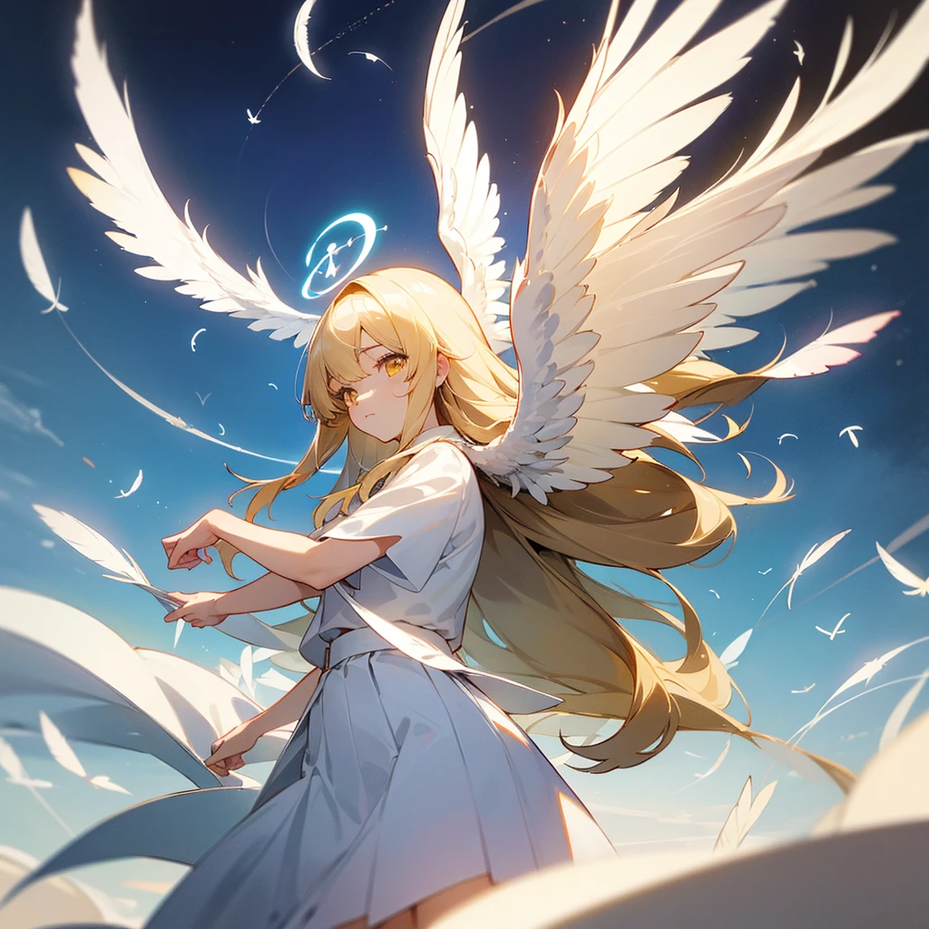 (masterpiece, top quality, best quality, official art, beautiful), Extreme Detail, female, long hair, with bangs, yellow eyes, white dress, white skirt, sky, birds, feathers, halo, wings, aura, thelema symbol 