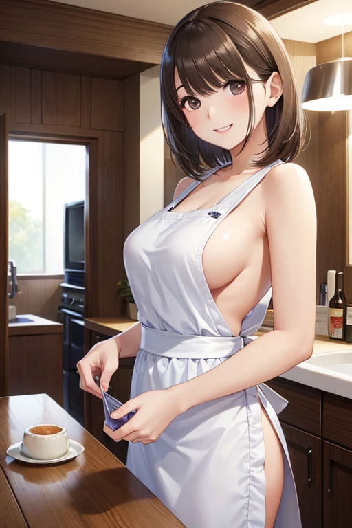 sisterヶ崎寧々、Shiny brown hair, short hair, Beautiful brown eyes、smile、Sparkling eyes, (fine grain)、Very fine eye、Highly detailed face, Highly detailed eyes,


(masterpiece:1.3, Highest quality, Ultra-high resolution, Super detailed), 

(羞恥なsmile:1.4)。Front view、kitchen、(Women on their period, sister, Big Breasts:0.8)、The body is slim。Browsing Caution、Naked Apron、