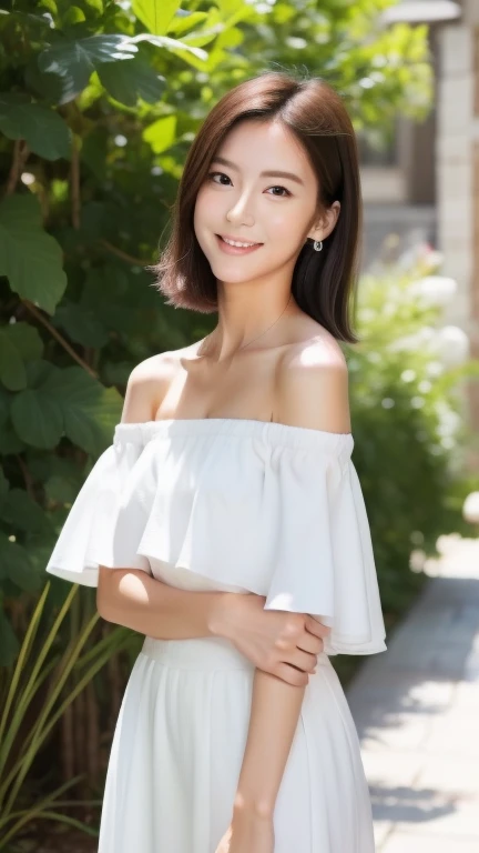 masterpiece,best quality,ultra detailed,highres,high-resolution,4K,realistic,RAW photo,((real person)),portrait photography,photorealistic,detailed skin,(delicate black eyes ), A soothing woman with sagging eyes,Calm and calm, middle hair,skinny,clothing,The wind is blowing,tareme、smile、(huge breasts)、A skirt so short that it reveals the butt crack、Beautiful belly button、Beautiful clavicle、(A mini skirt that reveals the lower belly)、Off-the-shoulder shirt、Cleavage、A skirt so short that it reveals the butt crack、Beautiful belly button、Beautiful clavicle、(A mini skirt that reveals the lower belly)、Off-the-shoulder shirt、Cleavage