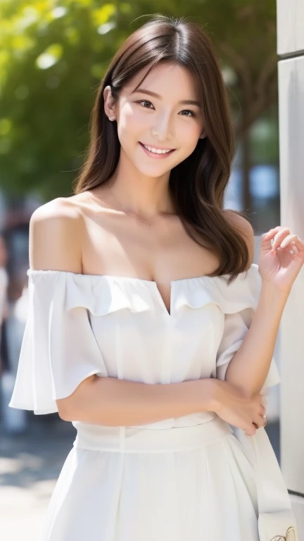 Female model, body not facing camera, only eyes looking at camera, relaxed confident smile, elegant posture, white off-shoulder or low neckline summer outfit, natural hand position