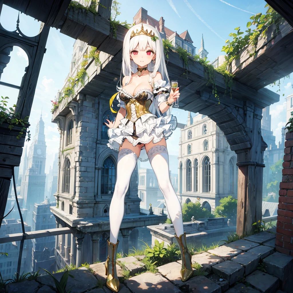 solo, standing skinny girl, long white hair, frilled white sheer dress, very short dress, too tight corset, white thighhighs, BREAK, red eyes, BREAK, golden tiaras, BREAK, large breasts, cleavage, collarbone, BREAK, skinny long legs, thigh gap