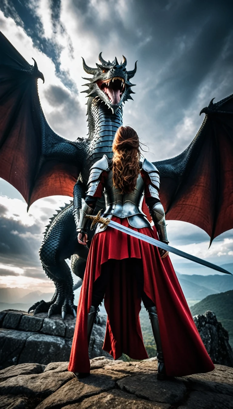 A medieval knight woman standing in front of a huge dragon, low angle shot, back view, dramatic dominating dragon, detailed armor, intricate sword hilt, flowing cape, heroic pose, cinematic lighting, fantasy landscape, moody cloudy sky, epic fantasy scene