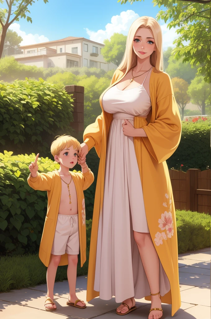 An extremely beautiful stunning mother with a perfect busty body, gold blonde long silky hair, big blue-green hazel eyes, extremely super bright snow white fair stunning flawless glowing lush shiny white skin, a perfect tight hourglass figure, and a skinny waist, extremely cute smile on the face, bright pink blushes on cheeks, wearing a long cute white floral dress, and a yellow-tan cardigan, white flip-flop sandals, gold necklace on the neck, gold anklets on feet, standing straight, holding her little son's hand, garden in the background, show full body from head to feet

