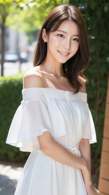 Female model, body not facing camera, only eyes looking at camera, relaxed confident smile, elegant posture, white off-shoulder or low neckline summer outfit, natural hand position