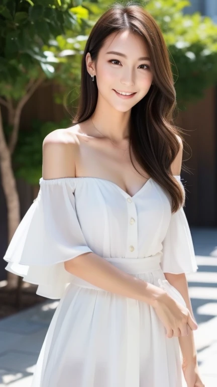 Female model, body not facing camera, only eyes looking at camera, relaxed confident smile, elegant posture, white off-shoulder or low neckline summer outfit, natural hand position