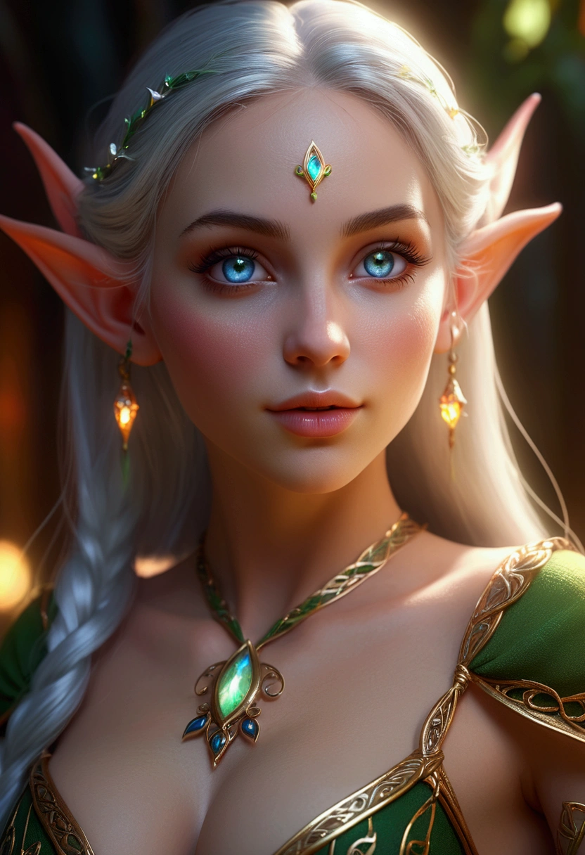 a beautiful female elf, detailed face, long eyelashes, detailed eyes and lips, large breasts, graceful pose, long slender legs, bare feet, intricate fantasy costume, glowing magical aura, ethereal lighting, vibrant colors, digital painting, artstation, award winning, unreal engine, 8k, high resolution, photorealistic, hyper detailed