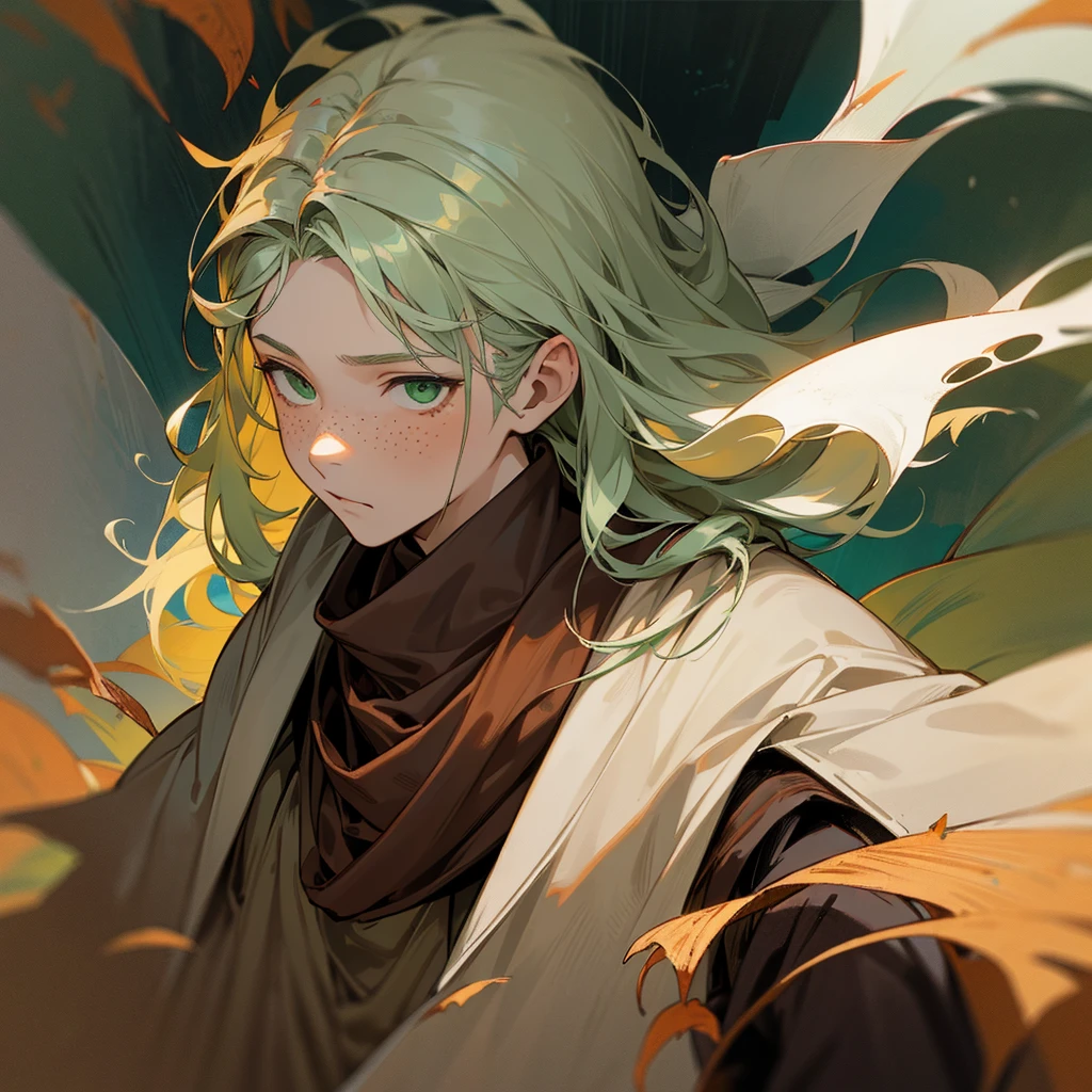 A boy with wavy chocolate-colored hair, green eyes and white skin with freckles. He has a wooden mask that covers half of his face upwards., a cloak made of dry leaves and tattered clothing
