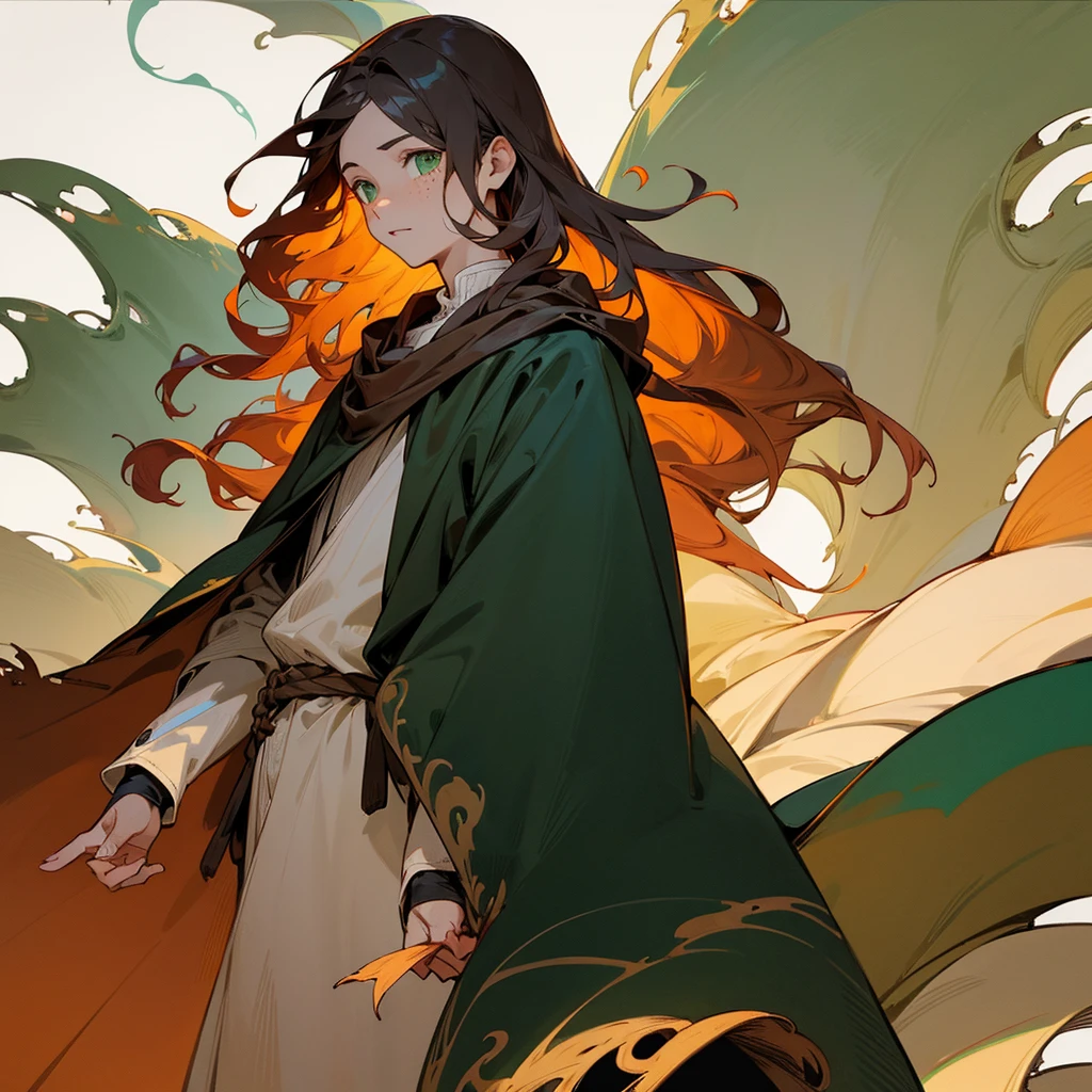 A boy with wavy chocolate-colored hair, green eyes and white skin with freckles. He has a wooden mask that covers half of his face upwards., a cloak made of dry leaves and tattered clothing