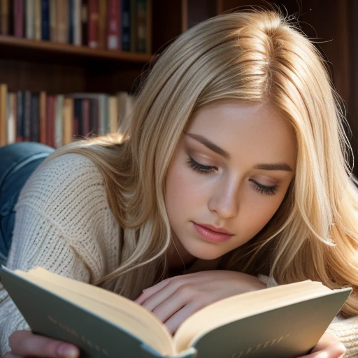 A beautiful girl with long blonde hair, pale white skin, and rosy red cheeks, wearing a cozy brown coat and blue jeans, laying on her stomach and reading a book, (best quality,4k,8k,highres,masterpiece:1.2),ultra-detailed,(realistic,photorealistic,photo-realistic:1.37),detailed face and eyes,beautiful eyes,striking eyes,long eyelashes,highly detailed facial features,natural lighting,warm colors,cozy atmosphere,peaceful,literature,reading,relaxing,book,laying down