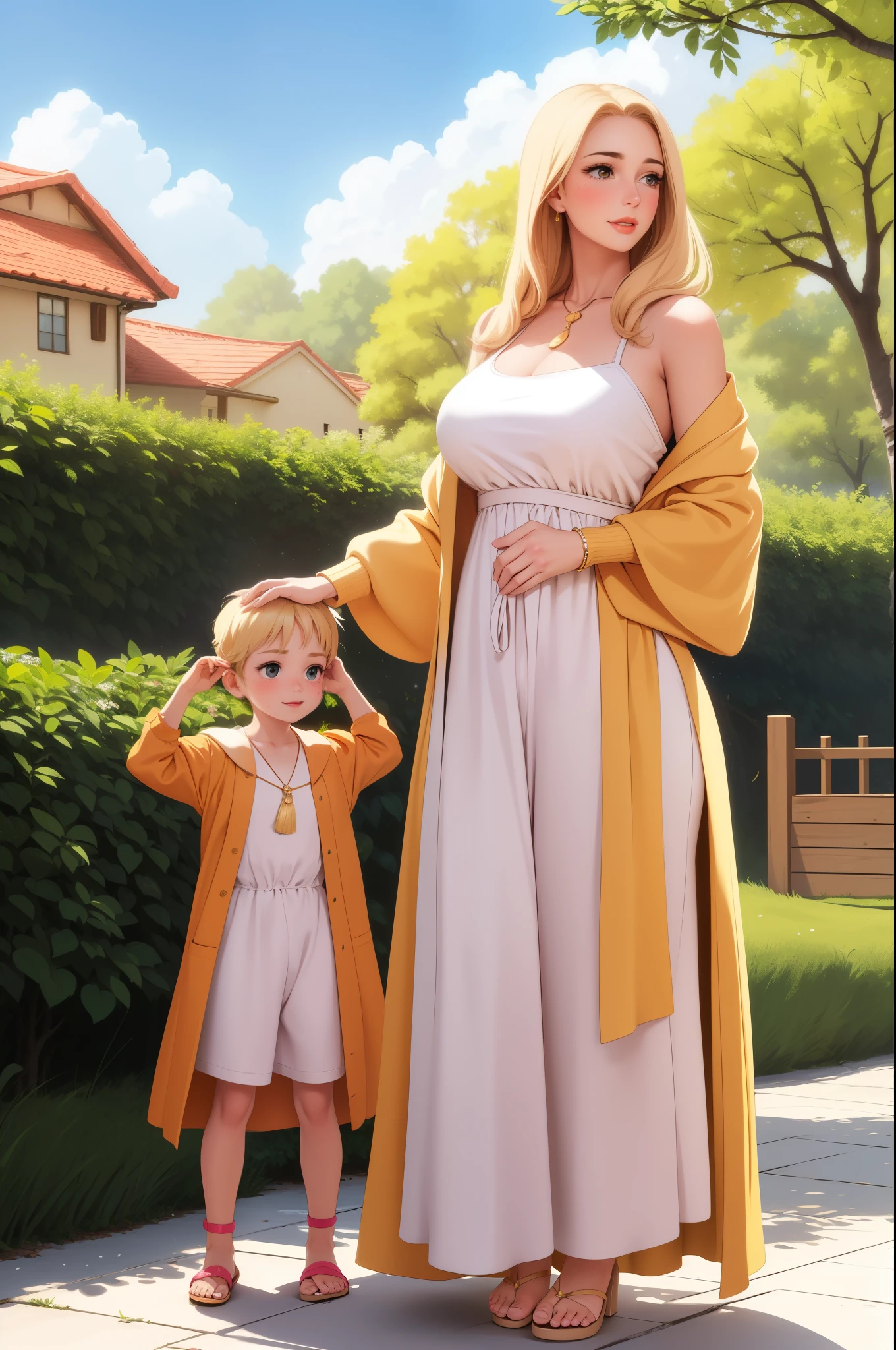 An extremely beautiful stunning mother with a perfect busty body, gold blonde long silky hair, big blue-green hazel eyes, extremely super bright snow white fair stunning flawless glowing lush shiny white skin, a perfect tight hourglass figure, and a skinny waist, extremely cute smile on the face, bright pink blushes on cheeks, wearing a long cute white floral dress, and a yellow-tan cardigan, white flip-flop sandals, gold necklace on the neck, gold anklets on feet, standing straight, holding her son's hand, garden in the background, show full body from head to feet