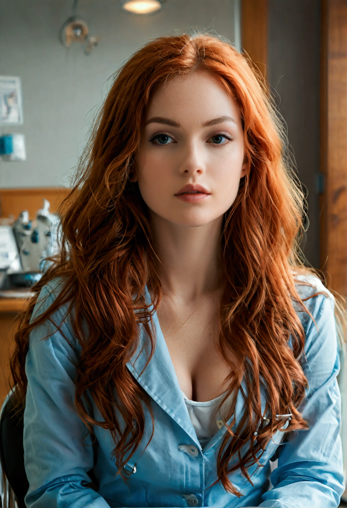 (full body shot:1.7) photorealistic image of a (sitting pose:1.7) ultrarealistic, photography, long red hair, woman, 24 years old, hourglass figure, perfect body, Flirty look, natural medium breasts, blur background, wearing a doctor outfit, sitting on a chair in a doctors office