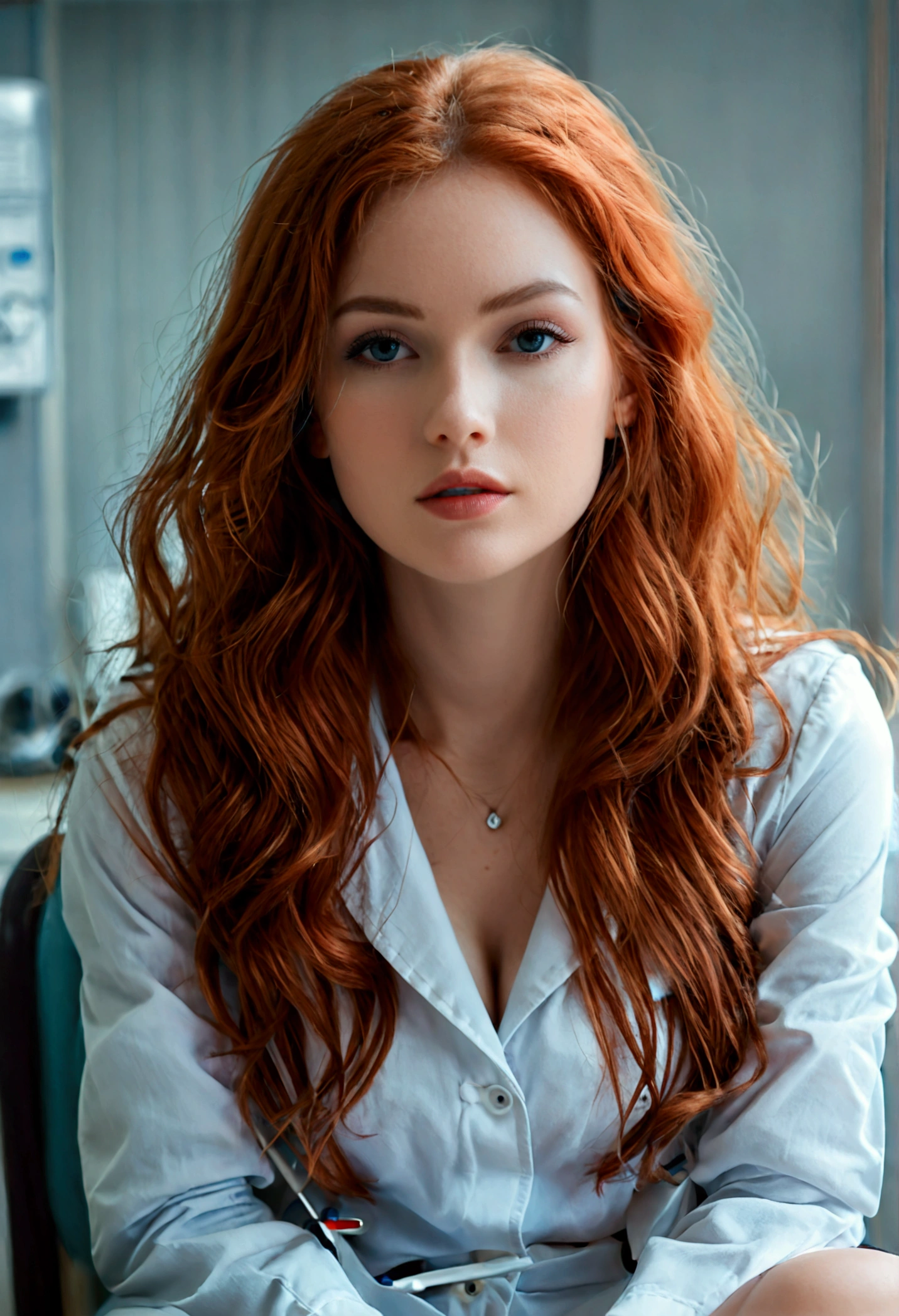 (full body shot:1.7) photorealistic image of a (sitting pose:1.7) ultrarealistic, photography, long red hair, woman, 24 years old, hourglass figure, perfect body, Flirty look, natural medium breasts, blur background, wearing a doctor outfit, sitting on a chair in a doctors office