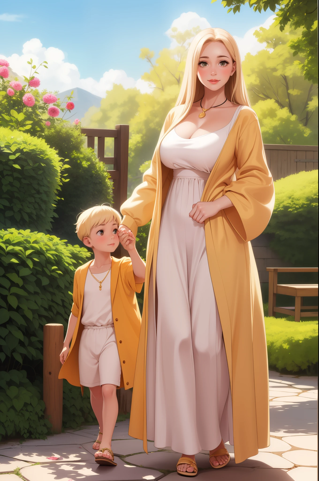 An extremely beautiful stunning mother with a perfect busty body, gold blonde long silky hair, big blue-green hazel eyes, extremely super bright snow white fair stunning flawless glowing lush shiny white skin, a perfect tight hourglass figure, and a skinny waist, extremely cute smile on the face, bright pink blushes on cheeks, wearing a long cute white floral dress, and a yellow-tan cardigan, white flip-flop sandals, gold necklace on the neck, gold anklets on feet, standing straight, holding her little son's hand, garden in the background, show full body from head to feet
