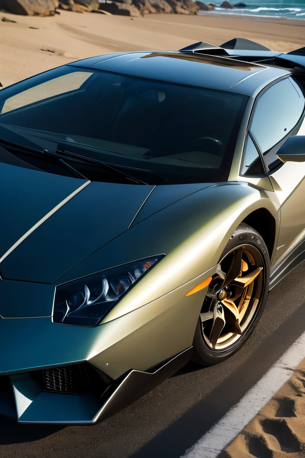 8K, Raw Photo, Top-Quality Masterpiece: 1.2
Lamborghini, sleek and luxurious, gleaming under the sun, parked against the backdrop of a pristine beach. The golden sand stretches out, meeting the crystalline blue water. The reflection of the Lamborghini's polished body shimmers on the surface, capturing the essence of the beach's serene beauty. Depth of field, with the Lamborghini in sharp focus, creates a cinematic scene. The lens flare adds an ethereal glow, while ray tracing enhances the detailed reflections and textures. (Lamborghini'