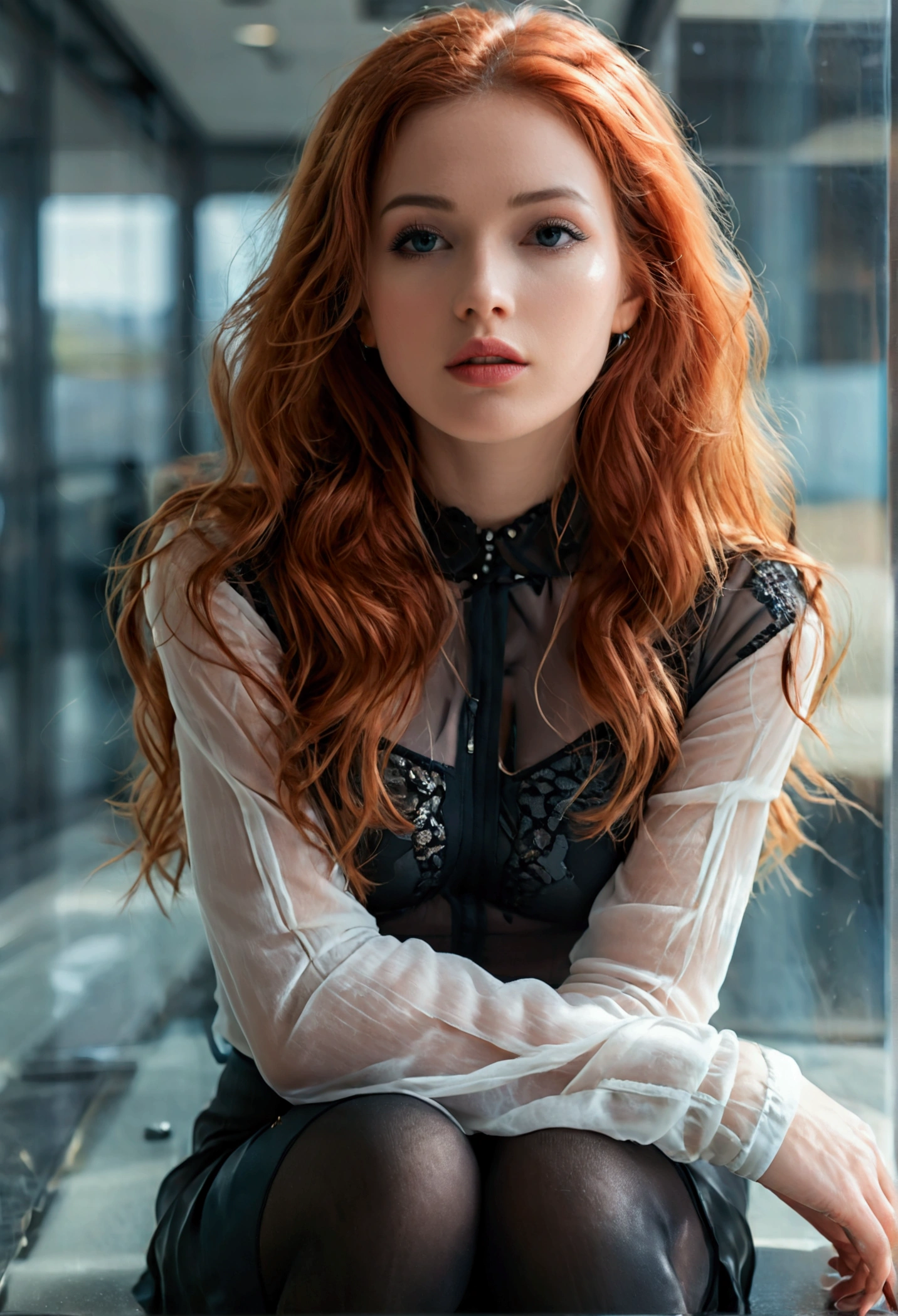 (full body shot:1.7) photorealistic image of a (sitting pose:1.7) ultrarealistic, photography, long red hair, woman, 24 years old, hourglass figure, perfect body, Flirty look, natural medium breasts, blur background, professional, (4k photo:1.1), (Arian Mark:0.3), (Sharp focus:1.3), high detail (front view), wearing (tight shirt:1.2), tight micro skirt, shiny tights, (beautiful detailed face), (seductive:1.1), (blushing:1.1), full body with visible face, long seductive legs, show legs, show her legs, long legs, she wears black high heels, show her feet, full body picture, full body shot, wide angle, wide angle shot, wide angle picture