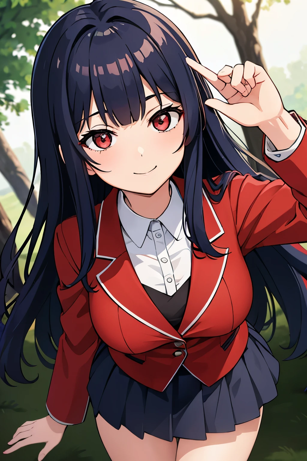 (masterpiece:1.2, Highest quality),(Anime Style),Visible from the knees to the head, girl,Blood red eyes,Tree Eyes,smile,Blue Hair,Bangs divided into left and right,Curly Hair,, Quite large breasts, Black mini skirt,金色の縁取りのRed blazer,(Red blazer)