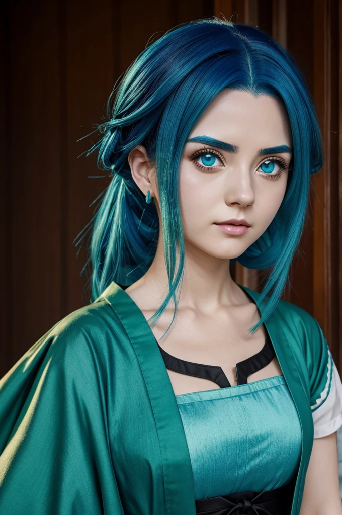 Blue haired woman with green eyes from kimetsu no yaiba