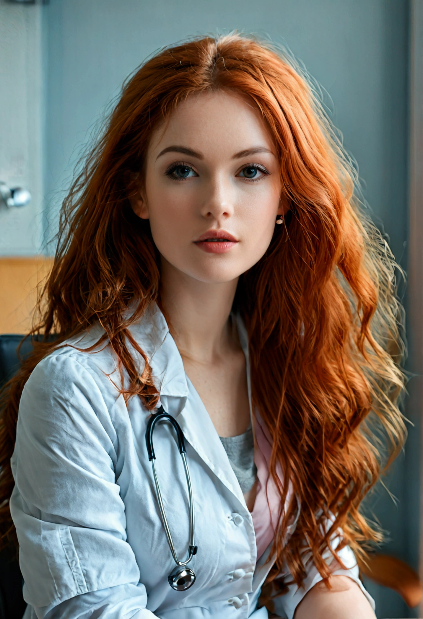 (full body shot:1.7) photorealistic image of a (sitting pose:1.7) ultrarealistic, photography, long red hair, woman, 24 years old, hourglass figure, perfect body, Flirty look, natural medium breasts, blur background, wearing a doctors outfit, sitting on a chair in a doctors office