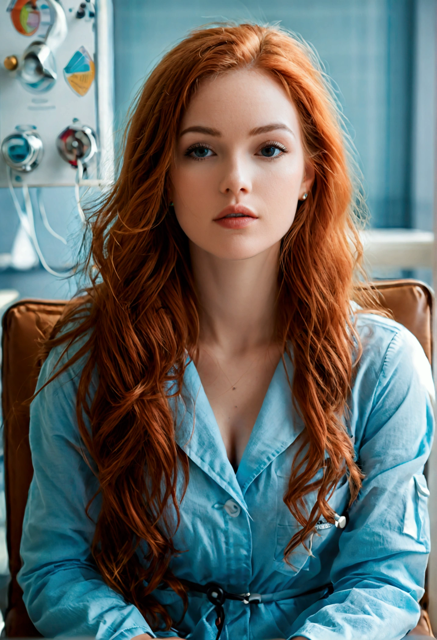 (full body shot:1.7) photorealistic image of a (sitting pose:1.7) ultrarealistic, photography, long red hair, woman, 24 years old, hourglass figure, perfect body, Flirty look, natural medium breasts, blur background, wearing a doctors outfit, sitting on a chair in a doctors office