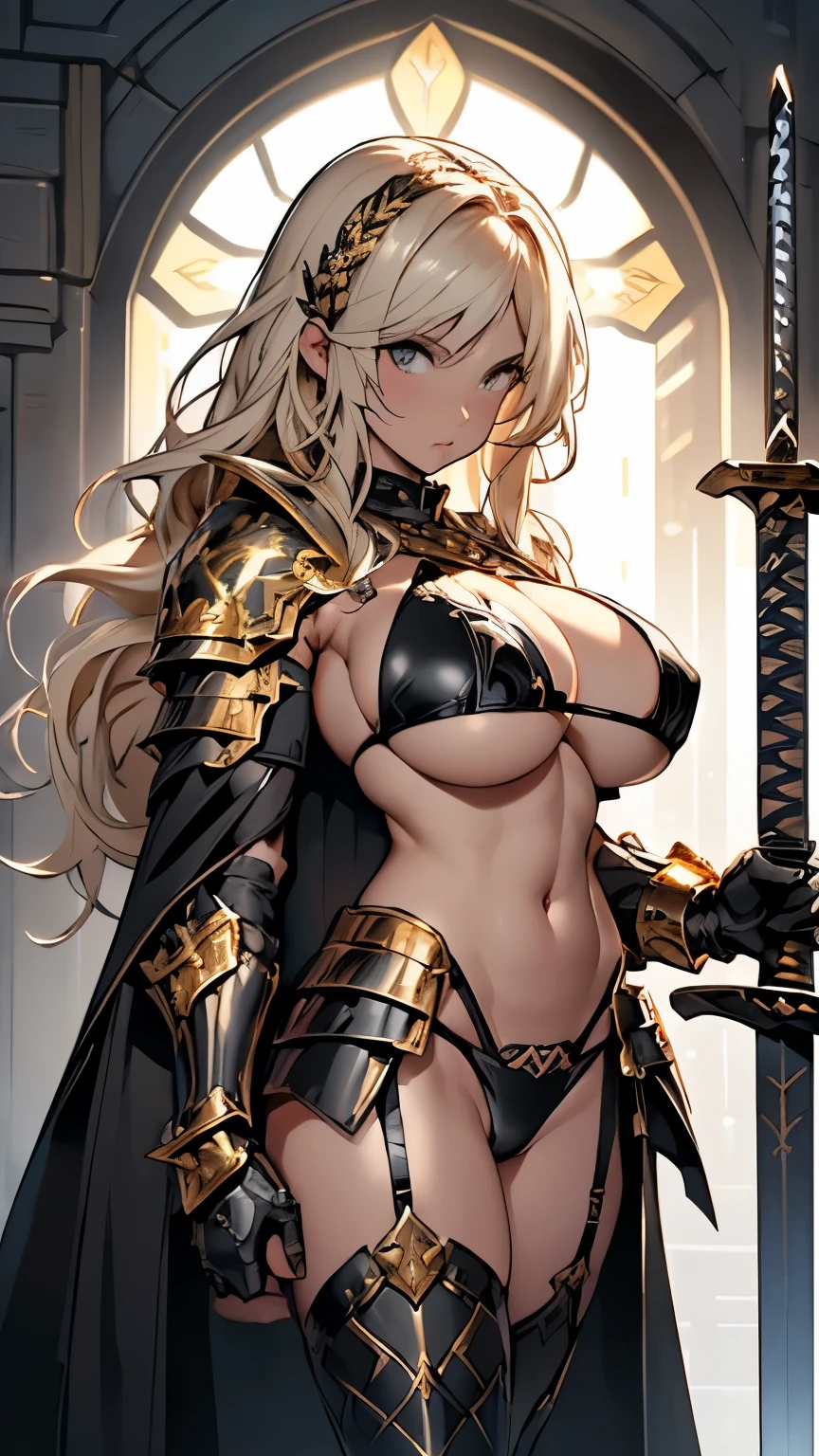 Facing forward、looking at the camera、Blonde Wavy Hair、female knight、((Black metallic bikini:1.5)、Black garter belt、(Gold Armor:1.5)、(gripping thin sword:1.5)、Black Cape)、((Huge breasts:1.5)、Cleavage、(Underboob:1.5)、(Sideboob:1.5)、glamorous、Belly button、Glowing Crotch Tattoo、Camel toe、Absolute area、Thick thighs、Revealing outfit、NSFW)、(whole body:1.5)、Photographed from the front、Church stained glass、Action pose、