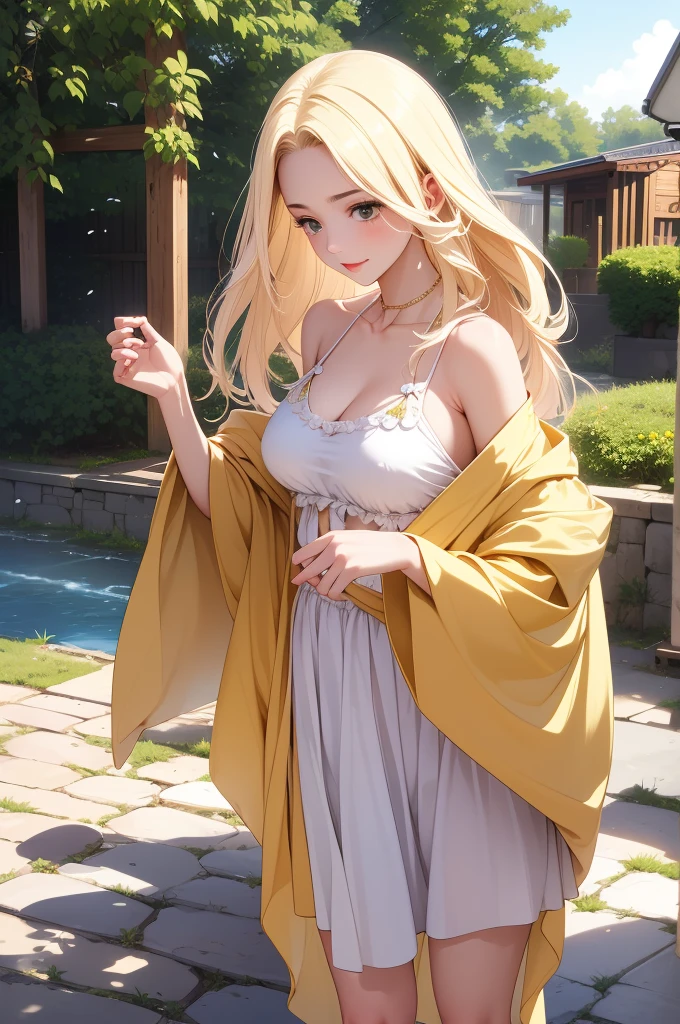 An extremely beautiful stunning mother with a perfect busty body, gold blonde long silky hair, big blue-green hazel eyes, extremely super bright snow white fair stunning flawless glowing lush shiny white skin, a perfect tight hourglass figure, and a skinny waist, extremely cute smile on the face, bright pink blushes on cheeks, wearing a long cute white floral dress, and a yellow-tan cardigan, white flip-flop sandals, gold necklace on the neck, gold anklets on feet, standing straight, holding her little son's hand, garden in the background, show full body from head to feet