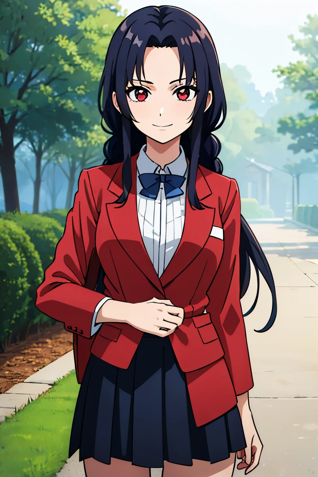 (masterpiece:1.2, Highest quality),(Anime Style),Visible from the knees to the head, girl,Blood red eyes,Tree Eyes,smile,Blue Hair,Bangs divided into left and right,Long Hair,Braids Half Up,Her hair is tied back a little,Black mini skirt,金色の縁取りのRed blazer,(Red blazer)